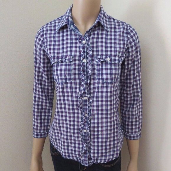 Abercrombie Women Plaid Button Down Shirt Top Size XS Ruffles Blue & White Check - Picture 1 of 6